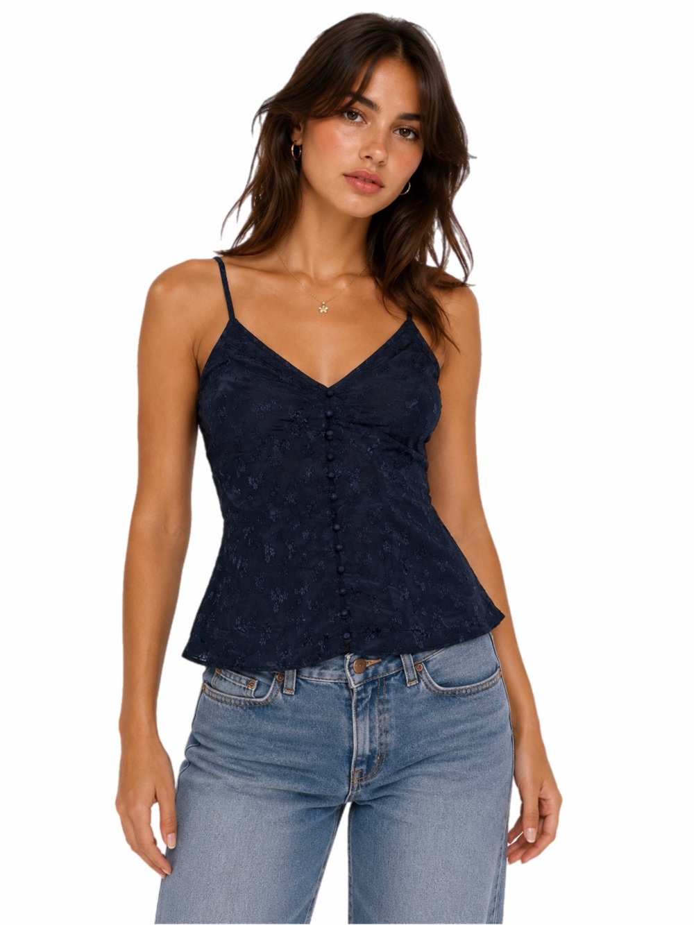 Y2K European Vintage Silk Ditsy Floral Jacquard Button Front Cami (Navy) Small